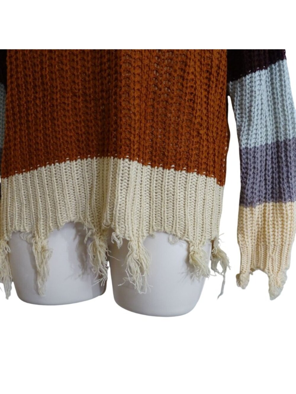 Runway 7 Striped Knit Sweater Brown Tan Frayed Hem V-Neck Women Size M Acrylic - Picture 3 of 10